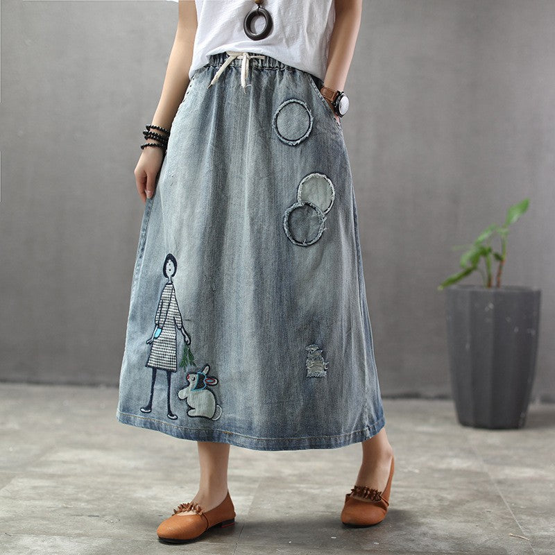 Art Embroidered Denim Patch Vintage Skirt – Jverny