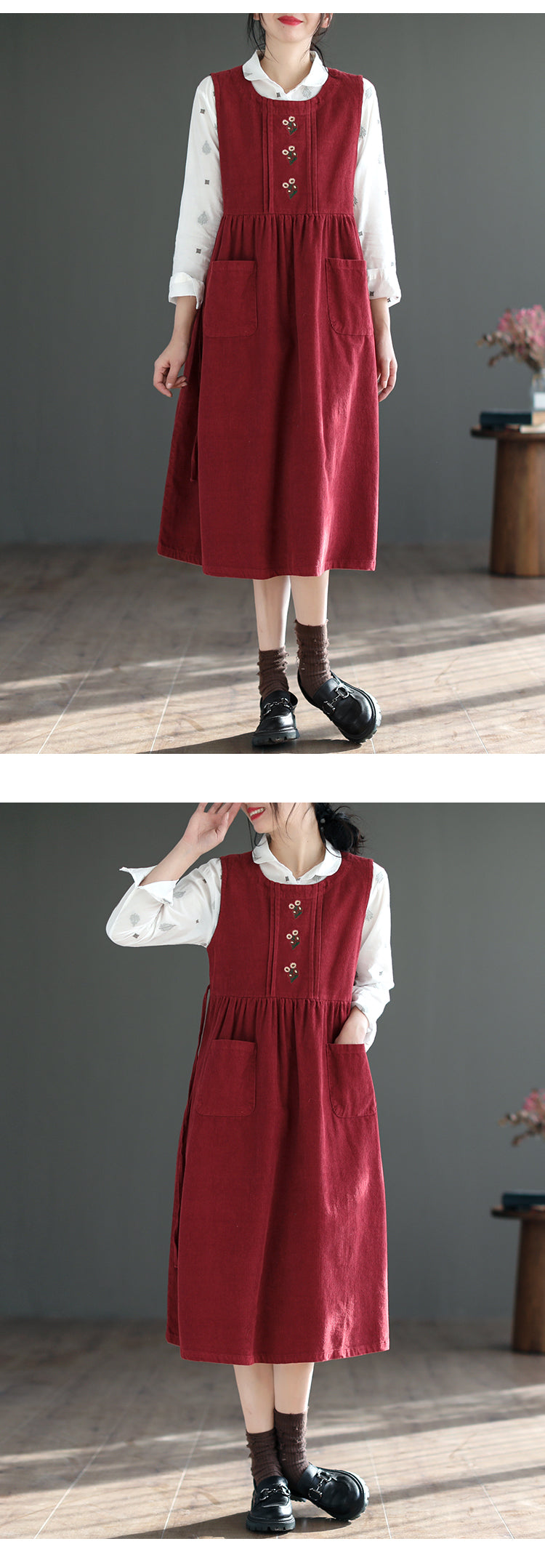 Loose And Slim All-Match Corduroy Embroidered Dress