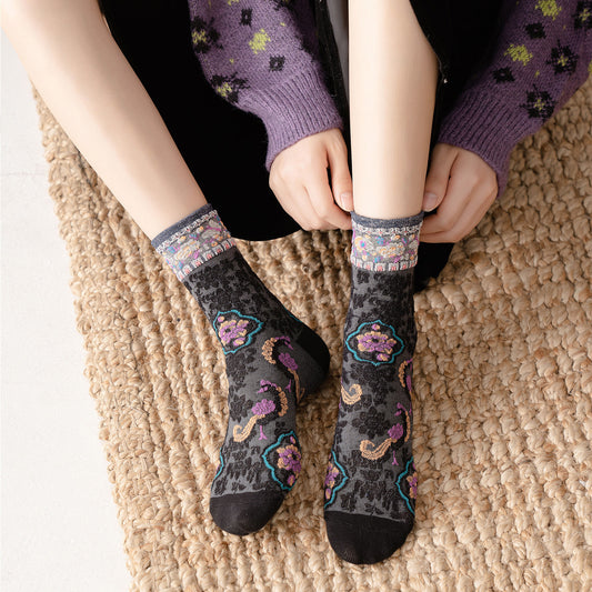 5 Pairs Spring Vintage Chinese Style Jacquard Socks