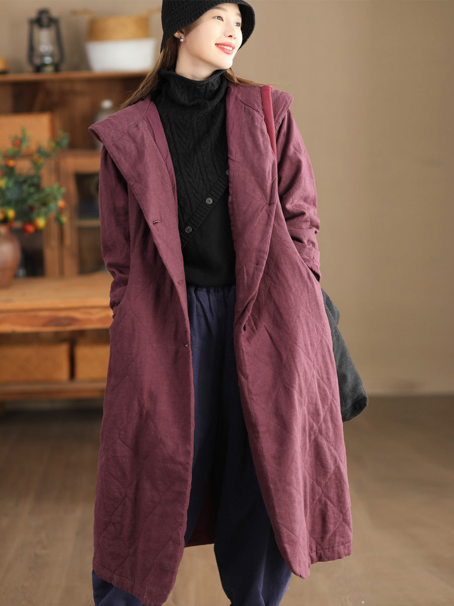 Women Solid Winter Linen Hooded Padded Coat