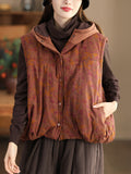 Women Ethnic Floral Hooded Padded Vest Coat