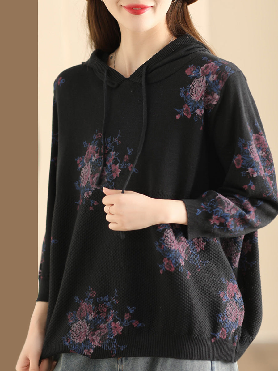 Women Vintage Floral Knitted Hooded Sweatshirt