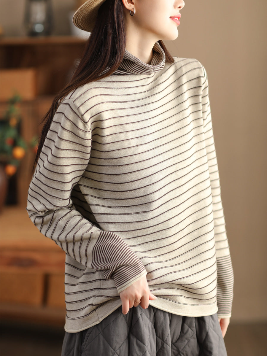 Women Casual Stripe Spliced Turtleneck Warm Sweatshirt