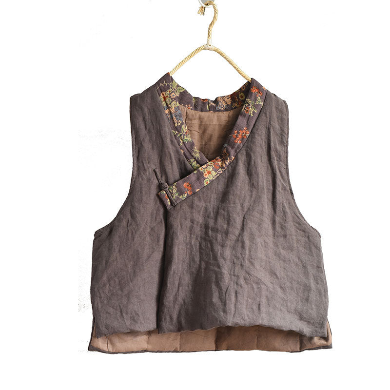 Women Ethnic Flower Spliced V-Neck Linen Vest Coat